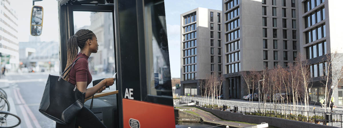 Accommodation vs Commuting 1200x450 - Woman getting on a bus vs University Locks accommodation