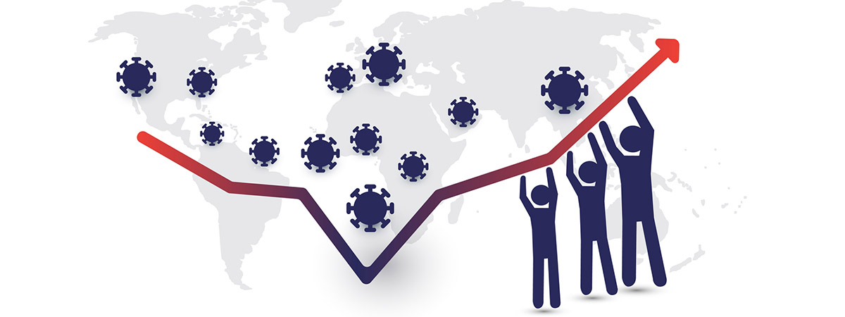 COVID Economic Recovery 1200x450 - Cartoon globe with a finance chart on top