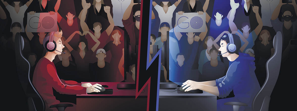 Esports Tournaments 1200x450 - Cartoon of two men playing on consoles in front of a crowd