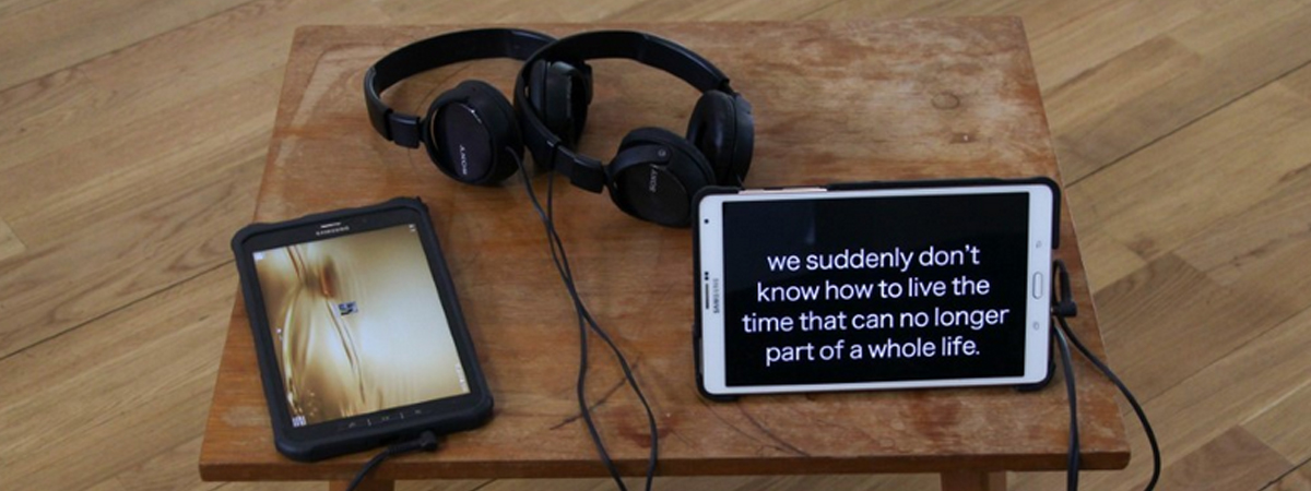 Tablets and headphones at exhibition
